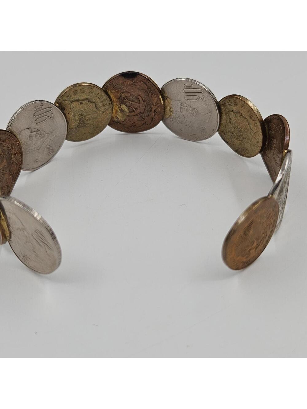 Vintage Mixed Coin Cuff Bracelet Mexican 1970's Pesos Handmade Folk Art Jewelry